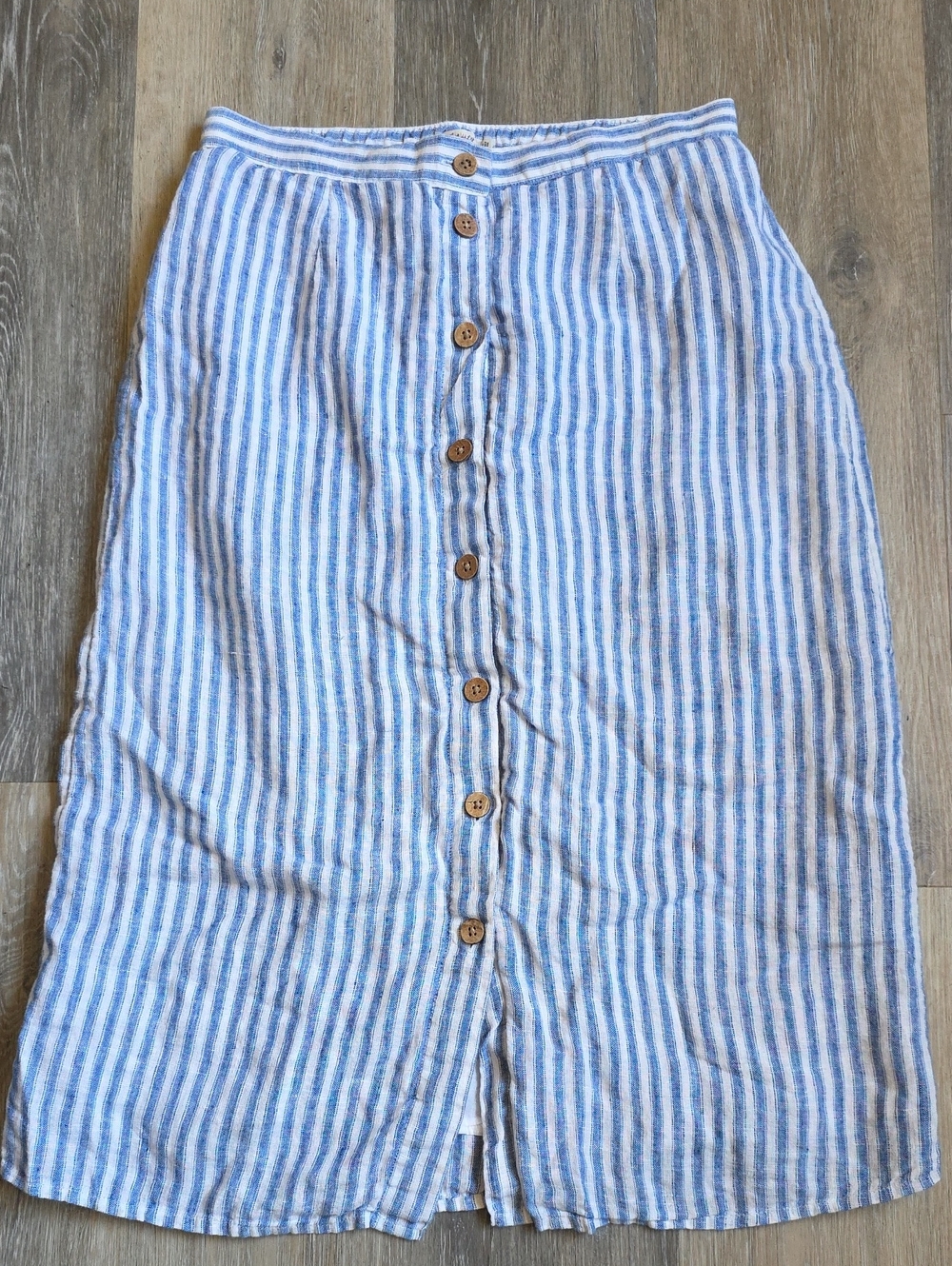 Faherty Striped Button-Front Blue and White Linen Midi Skirt - Picture 4 of 16